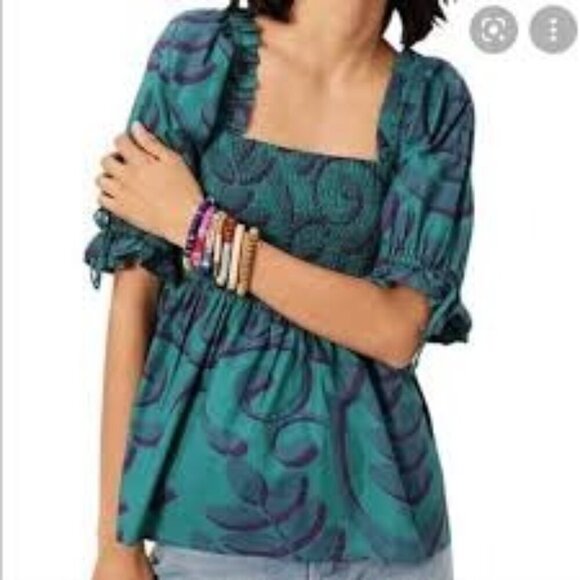 Anthropologie Porridge Off-Shoulder Boho Smocked Blouse XS Cotton Blend Green & - Picture 1 of 5